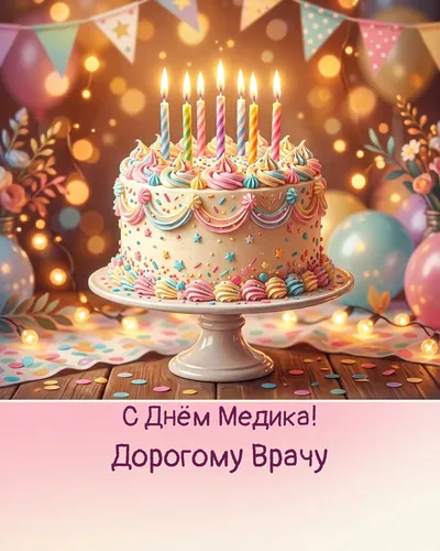 Поздравительная открытка: праздничный торт со свечами, кремовыми розами и гирляндами