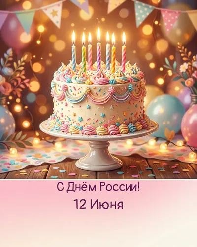 Поздравительная открытка: праздничный торт со свечами, кремовыми розами и гирляндами