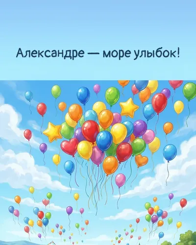 Поздравительная открытка с днём рождения: Александра — разноцветные воздушные шары, парящие в голубом небе с облаками