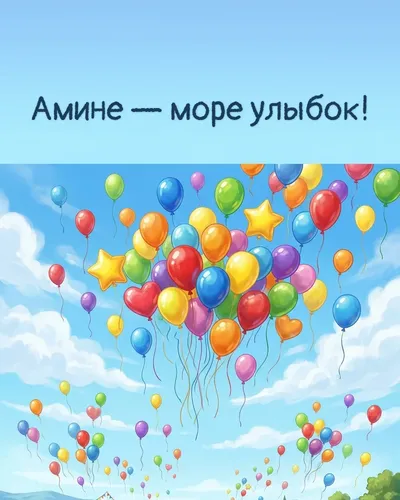 Поздравительная открытка с днём рождения: Амина — разноцветные воздушные шары, парящие в голубом небе с облаками