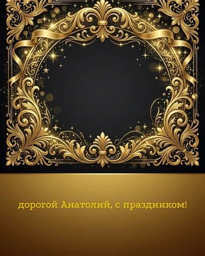 Поздравительная открытка с днём рождения: Анатолий — элегантные золотые узоры и вензеля на глубоком тёмном фоне