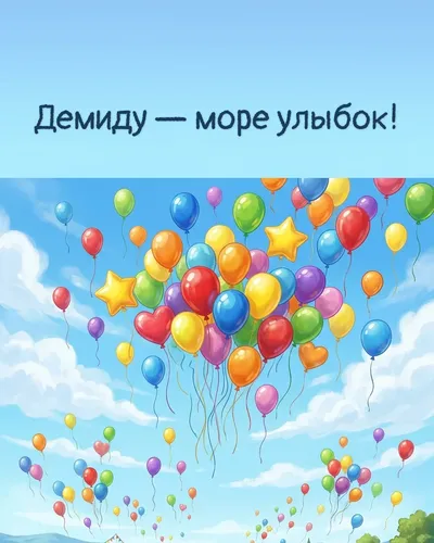 Поздравительная открытка с днём рождения: Демид — разноцветные воздушные шары, парящие в голубом небе с облаками