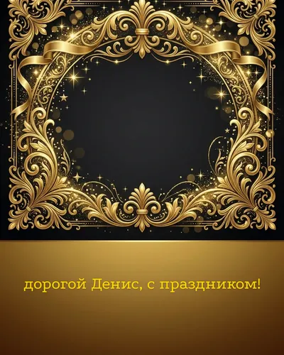 Поздравительная открытка с днём рождения: Денис — элегантные золотые узоры и вензеля на глубоком тёмном фоне