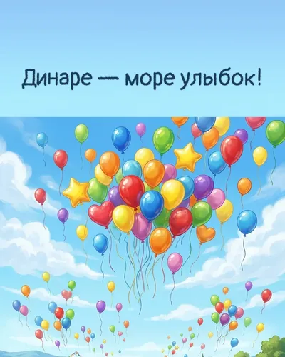 Поздравительная открытка с днём рождения: Динара — разноцветные воздушные шары, парящие в голубом небе с облаками