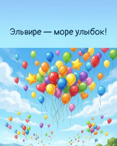 Поздравительная открытка с днём рождения: Эльвира — разноцветные воздушные шары, парящие в голубом небе с облаками