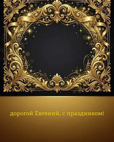 Поздравительная открытка с днём рождения: Евгений — элегантные золотые узоры и вензеля на глубоком тёмном фоне
