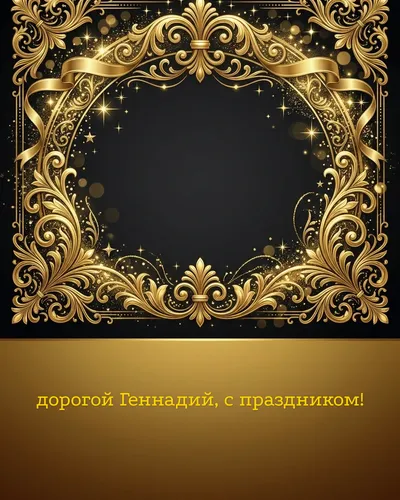 Поздравительная открытка с днём рождения: Геннадий — элегантные золотые узоры и вензеля на глубоком тёмном фоне