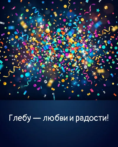 Поздравительная открытка с днём рождения: Глеб — взрыв яркого конфетти и золотых блёсток на фоне праздничного салюта