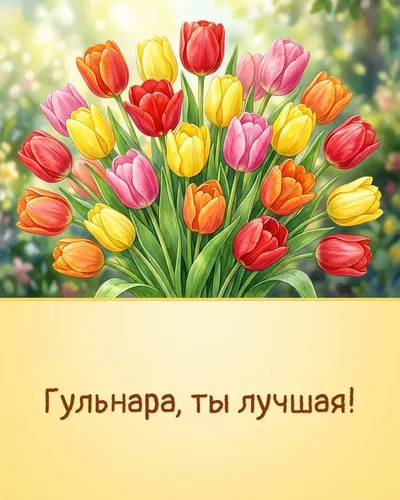 Поздравительная открытка с днём рождения: Гульнара — яркие тюльпаны в весенней палитре на фоне солнечных лучей