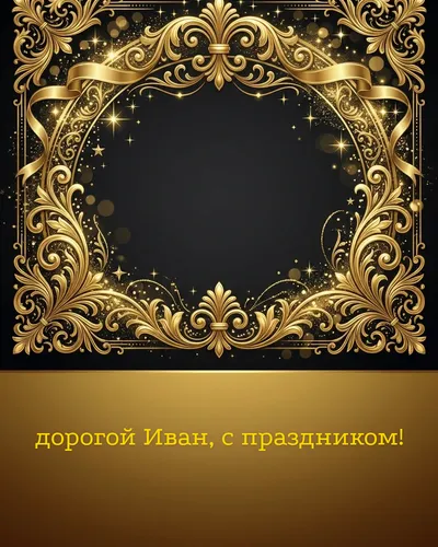 Поздравительная открытка с днём рождения: Иван — элегантные золотые узоры и вензеля на глубоком тёмном фоне