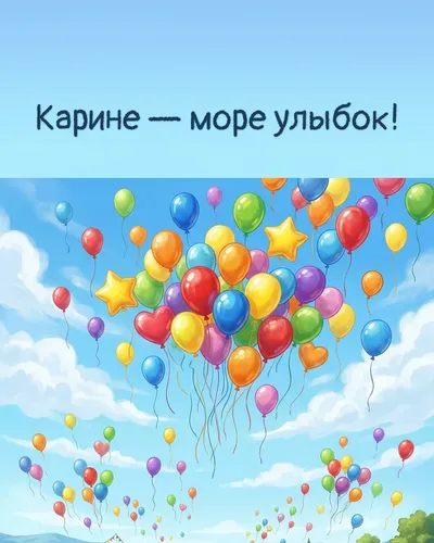 Поздравительная открытка с днём рождения: Карина — разноцветные воздушные шары, парящие в голубом небе с облаками
