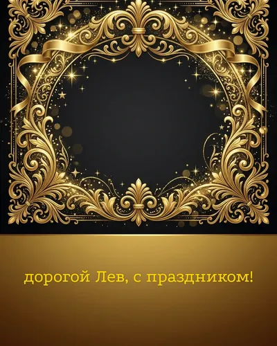 Поздравительная открытка с днём рождения: Лев — элегантные золотые узоры и вензеля на глубоком тёмном фоне
