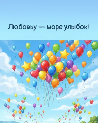 Поздравительная открытка с днём рождения: Любовь — разноцветные воздушные шары, парящие в голубом небе с облаками