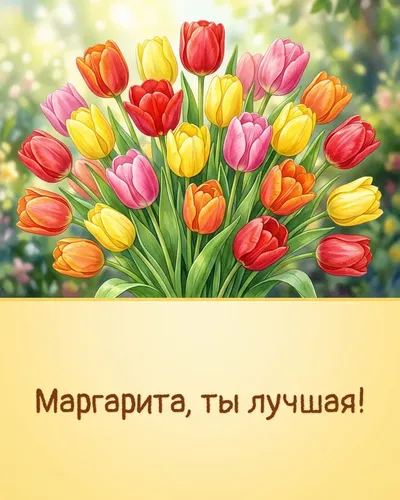 Поздравительная открытка с днём рождения: Маргарита — яркие тюльпаны в весенней палитре на фоне солнечных лучей