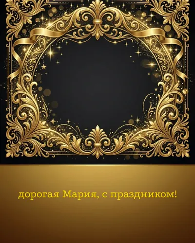 Поздравительная открытка с днём рождения: Мария — элегантные золотые узоры и вензеля на глубоком тёмном фоне