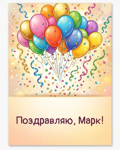 Поздравительная открытка с днём рождения: Марк — яркое разноцветное конфетти, серпантин и фейерверк на праздничном фоне