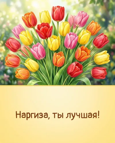 Поздравительная открытка с днём рождения: Наргиза — яркие тюльпаны в весенней палитре на фоне солнечных лучей