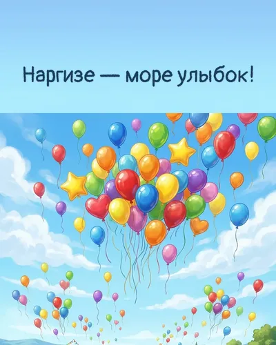 Поздравительная открытка с днём рождения: Наргиза — разноцветные воздушные шары, парящие в голубом небе с облаками