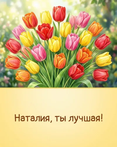 Поздравительная открытка с днём рождения: Наталия — яркие тюльпаны в весенней палитре на фоне солнечных лучей