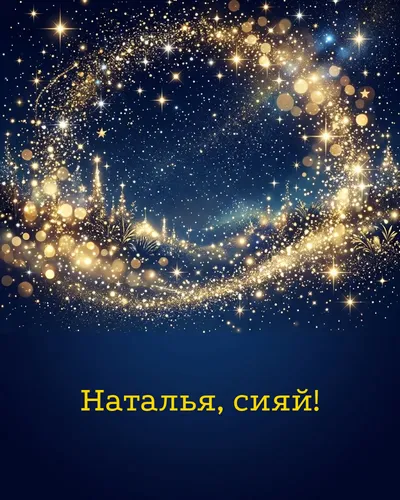 Поздравительная открытка с днём рождения: Наталья — звёздное небо с падающими звёздами, месяц и серебристое сияние