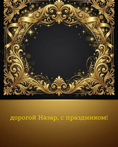 Поздравительная открытка с днём рождения: Назар — элегантные золотые узоры и вензеля на глубоком тёмном фоне