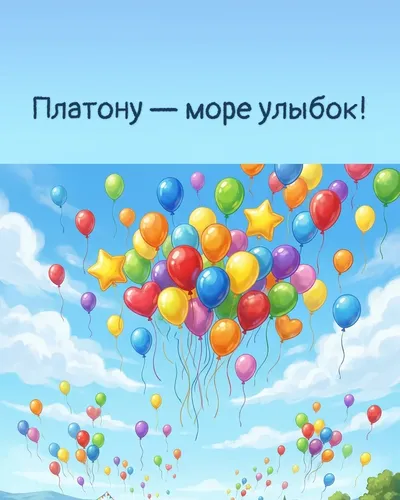 Поздравительная открытка с днём рождения: Платон — разноцветные воздушные шары, парящие в голубом небе с облаками