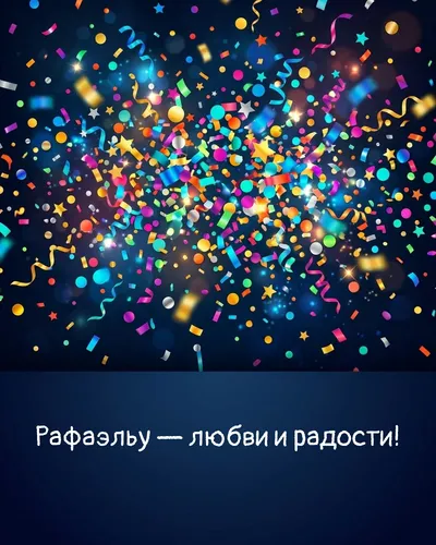 Поздравительная открытка с днём рождения: Рафаэль — взрыв яркого конфетти и золотых блёсток на фоне праздничного салюта