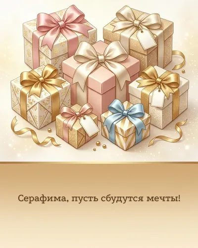 Поздравительная открытка с днём рождения: Серафима — красиво упакованные подарки с атласными лентами и бантами