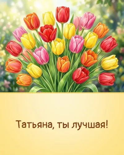 Поздравительная открытка с днём рождения: Татьяна — яркие тюльпаны в весенней палитре на фоне солнечных лучей