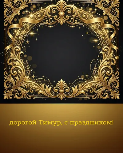 Поздравительная открытка с днём рождения: Тимур — элегантные золотые узоры и вензеля на глубоком тёмном фоне