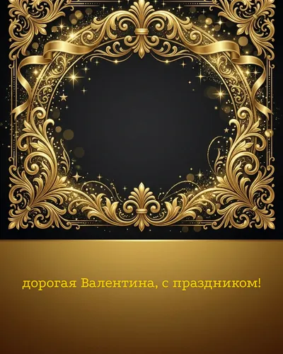 Поздравительная открытка с днём рождения: Валентина — элегантные золотые узоры и вензеля на глубоком тёмном фоне