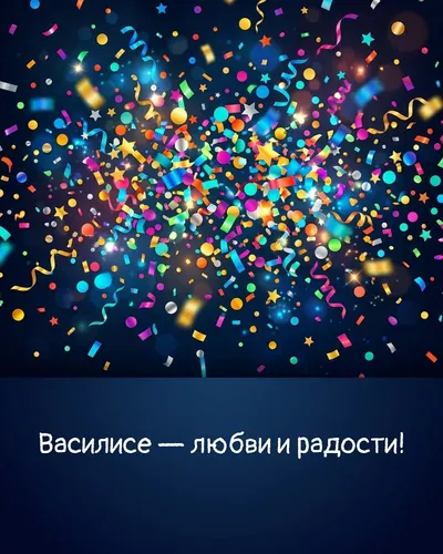 Поздравительная открытка с днём рождения: Василиса — взрыв яркого конфетти и золотых блёсток на фоне праздничного салюта