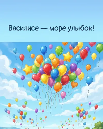 Поздравительная открытка с днём рождения: Василиса — разноцветные воздушные шары, парящие в голубом небе с облаками