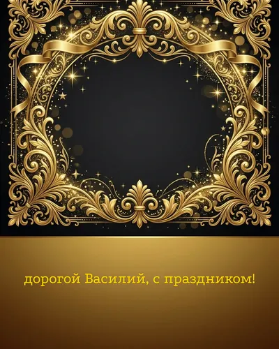 Поздравительная открытка с днём рождения: Василий — элегантные золотые узоры и вензеля на глубоком тёмном фоне