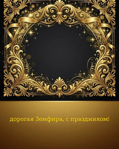 Поздравительная открытка с днём рождения: Земфира — элегантные золотые узоры и вензеля на глубоком тёмном фоне