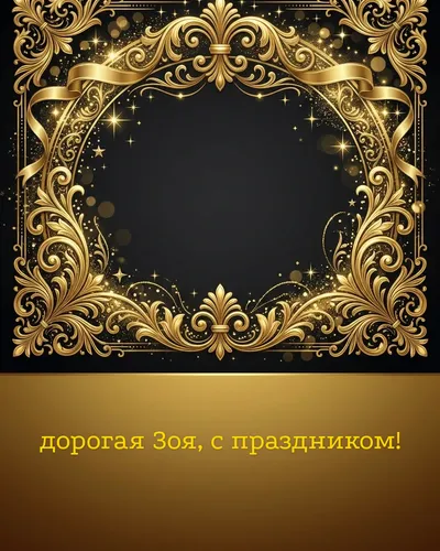 Поздравительная открытка с днём рождения: Зоя — элегантные золотые узоры и вензеля на глубоком тёмном фоне