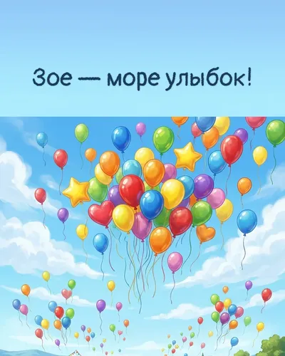 Поздравительная открытка с днём рождения: Зоя — разноцветные воздушные шары, парящие в голубом небе с облаками