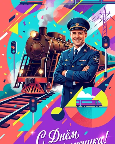 Открытка с днём железнодорожника! — стиль «Геометрический» с портретом