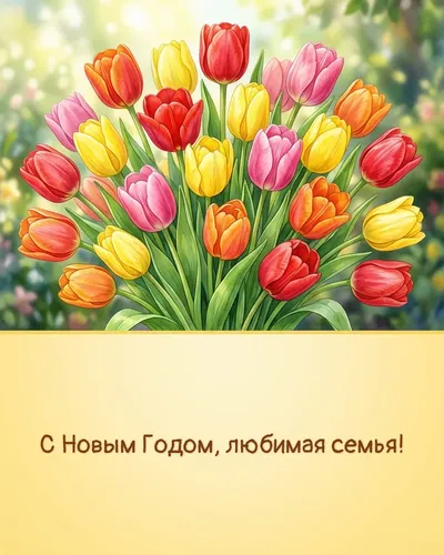 Поздравительная открытка: яркие тюльпаны в весенней палитре, солнечные лучи