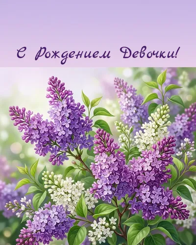 Открытка с рождением девочки: ветка сирени, розовые ленточки и маленькая балерина