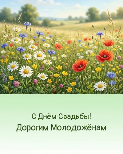 Свадебная открытка: нежная композиция из полевых цветов и ромашек, летнее свадебное настроение