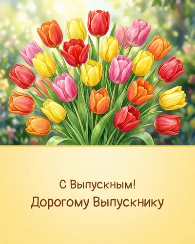 Поздравительная открытка: яркие тюльпаны в весенней палитре, солнечные лучи